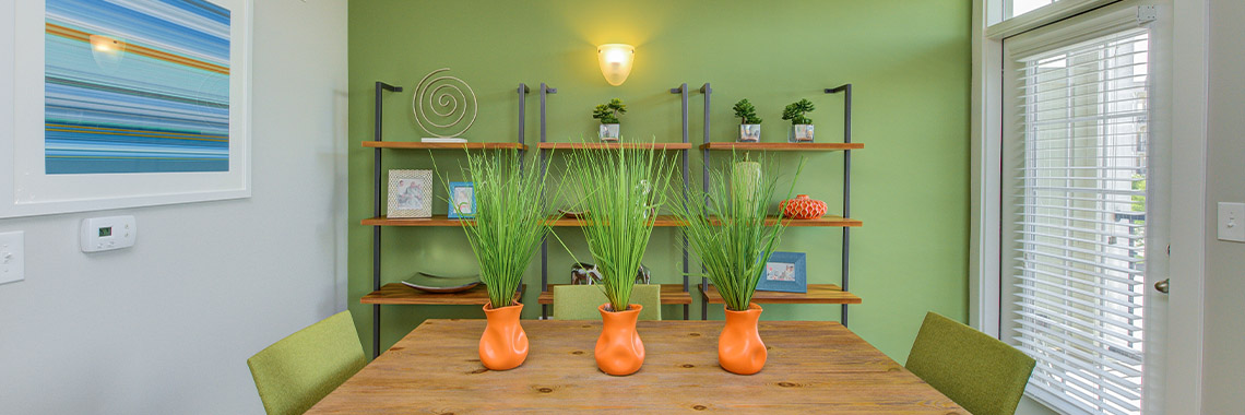 Three plants in middle of dining table at apartment